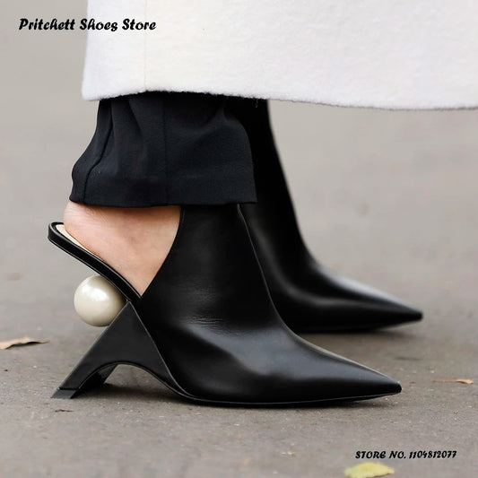 Women's Faux Pearl Slingback Pumps Elegant Buckle Strap Strange Style High Heels Spring Summer Pointed Toe Party Dress  Shoes