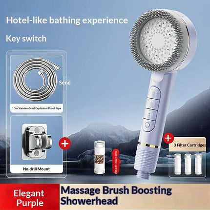 Soffione doccia autopulente a 4 modalità con spazzola in silicone, arresto acqua con un tasto, massaggio ad alta pressione, soffione in ABS con filtro