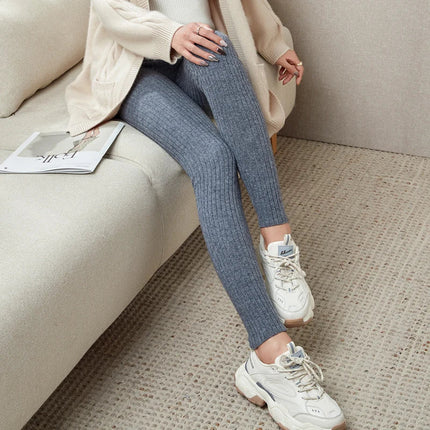 100% Merino Wool Striped Leggings Women's Winter Warm Knitted Tights Solid Color Women's Trousers PlatiNum