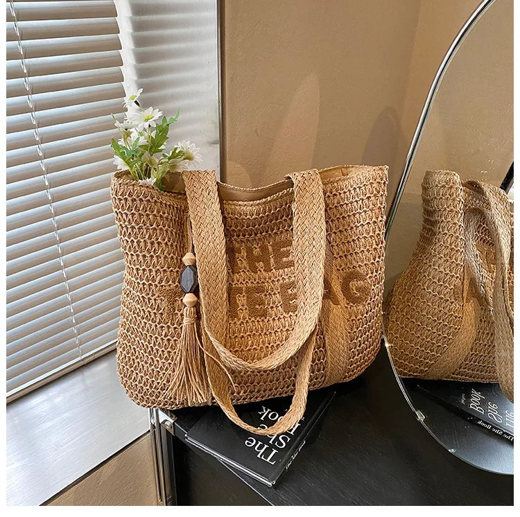 Borsa da donna in paglia intrecciata di grande capacità in stile francese, nuova borsa a tracolla per vacanze al mare, borsa tote da pendolarismo casual