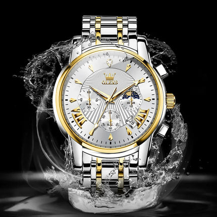 OLEVS Orologi al quarzo da uomo Orologi di marca in acciaio inossidabile Orologio sportivo impermeabile per uomo Cronografo con fasi lunari platinumshop