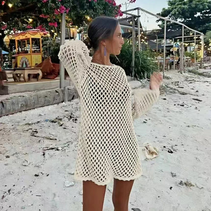 Abito Estivo Casual a Maniche Lunghe con Collo Tondo, Stile Spiaggia, Copricostume Traforato con Design Semplice e Aderente platinumshop