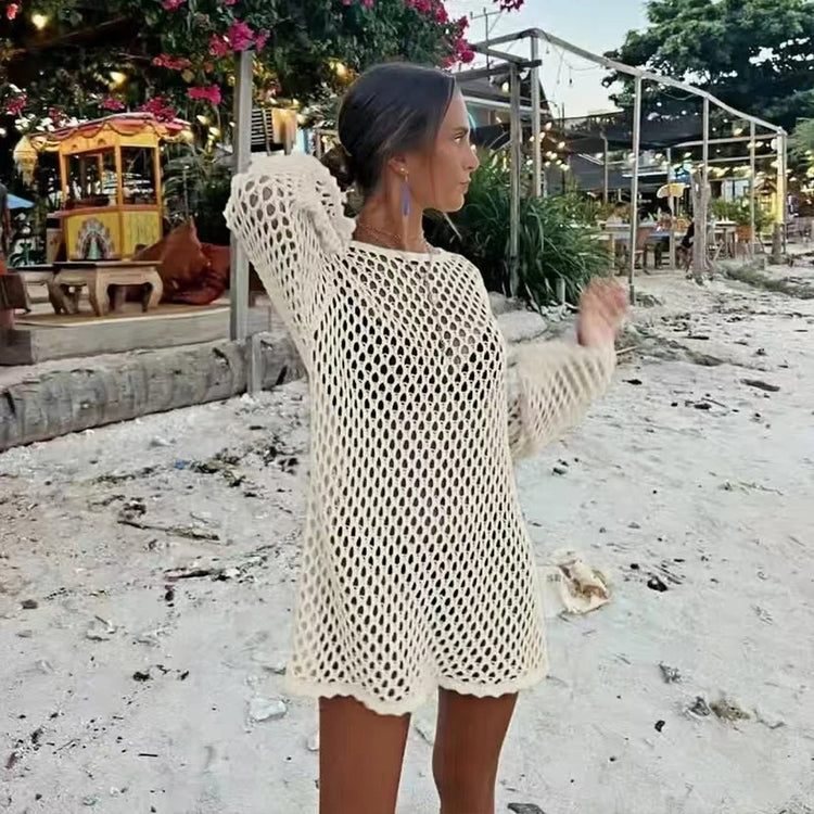 Abito Estivo Casual a Maniche Lunghe con Collo Tondo, Stile Spiaggia, Copricostume Traforato con Design Semplice e Aderente platinumshop