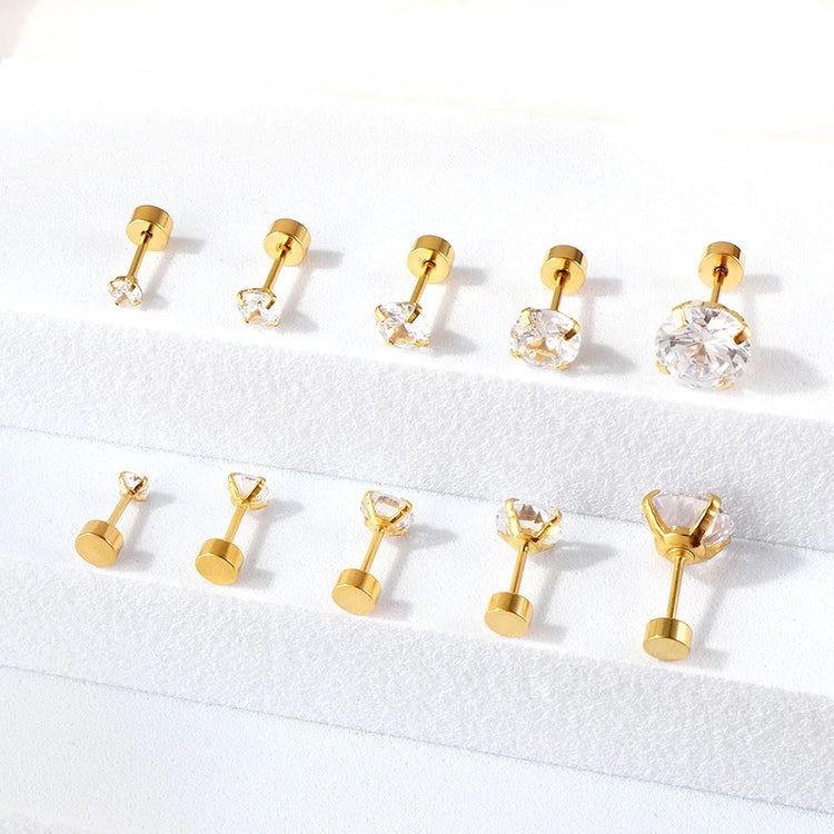 LUXUSTEEL 1Pairs/2Pcs Stainless Steel Crystal Studs Earrings For Women Men 4 Prong Tragus Round Clear Cubic Zirconia Ear Jewelry PlatiNum