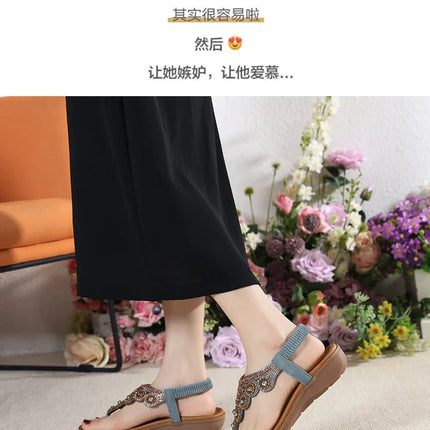 New 2026 Women's Summer Bohemian Style Sandals, Flip-Flop Design with Beaded and Rhinestone Buckle, Elastic Heel Strap, Comfortable Everyday Shoes