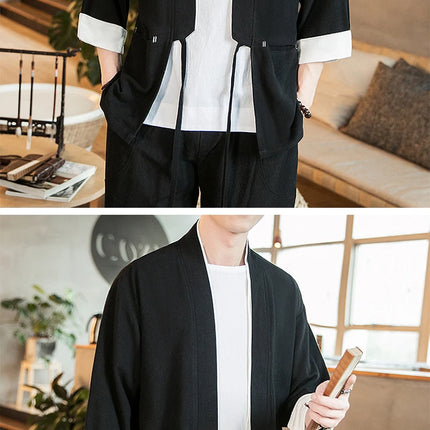 Nuova Camicia Uomo Kimono Giapponese in Cotone e Lino, T-shirt Comoda e Traspirante, Costume da Samurai Tradizionale, Camicia Casual Haori per Uomo