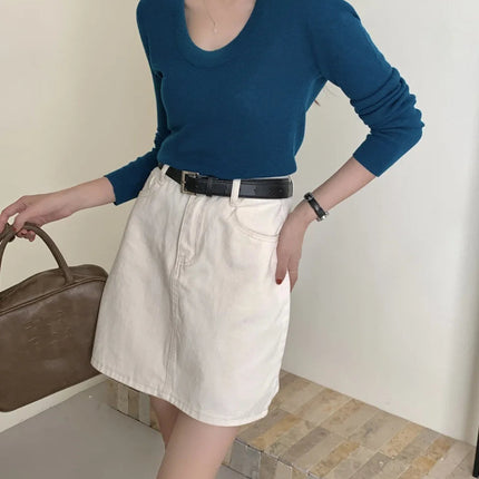 100% 48 count wool U-neck Ultra-fine Merino Wool Shirt for Women's Slim and Thin Bottoming Shirt for Women's Autumn and Winter PlatiNum