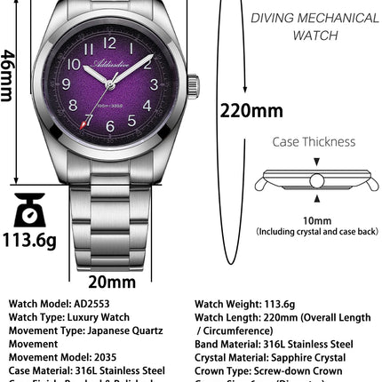 ADDIESDIVE 2026 New 36mm Men's Luxury Quartz Watch Sapphire Crystal 100m Water Resistance Super Luminous Stainless Steel Watch
