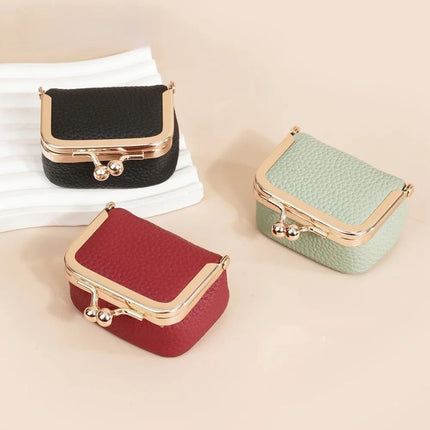 Genuine Leather Kiss Lock Coin Purse Solid Color Multifunctional Leather Jewelry Bag Mini Square Small Item Bag Jewelry Storage PlatiNum