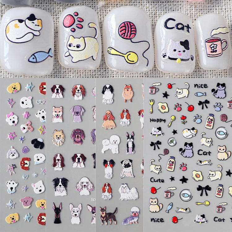 1Pcs 5D Lovely Dog/Cat Nail Art Stickers Cartoon Puppy Kitten Pet Animal Adhesive Nail Decals Y2K Manicure Decorations Sliders &