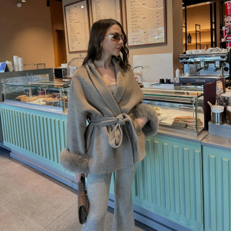 Solid Lace Up Faux Fur Sleeve Jacket Woman Elegant Mid-length V-neck Woolen Blend Coat Autumn Casual Fashion Scarf Outwear 2025