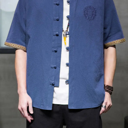 Camicie da Uomo Ricamate in Stile Cinese Retrò, Traspiranti in Lino, Comode, Casual Kung Fu, Abito Tang con Colletto Rialzato