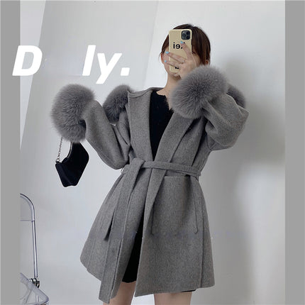 2024 New Oversize Ladies Outerwear Real Fur Coat Winter Jacket Women Natural Fox Fur Collar Cuffs Hood Cashmere Wool Woolen