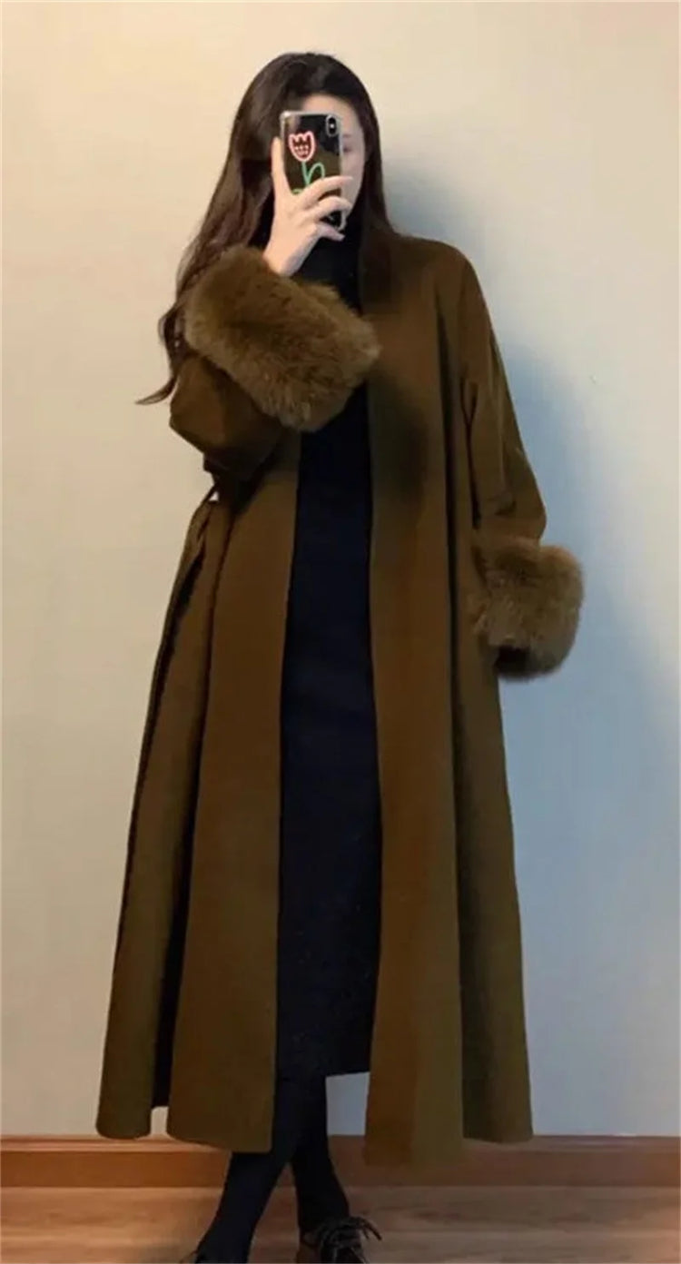2025 New Spring Winter Warm Long Woolen Coat Women Elegant Warm Wool Blend Trench Coat With Belt Fashion Outerwear