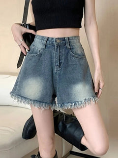 Women's retro vintage high waisted denim shorts thin casual summer with fringed edges slim and spicy A-line wide leg hot pants