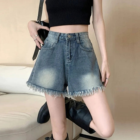 Women's retro vintage high waisted denim shorts thin casual summer with fringed edges slim and spicy A-line wide leg hot pants PlatiNum