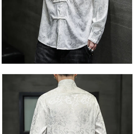 Giacca Tang di alta qualità da uomo camicetta con colletto alla coreana in argento elegante abbigliamento cinese rosso camicie Casual da uomo in raso di seta blu di grandi dimensioni