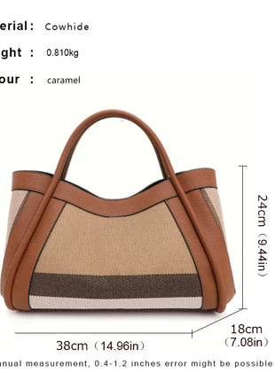 Borsa Tote in Tessuto a Righe con Bordi in Ecopelle, Manico Largo, Borsa a Spalla Grande per Uso Quotidiano e Pendolarismo