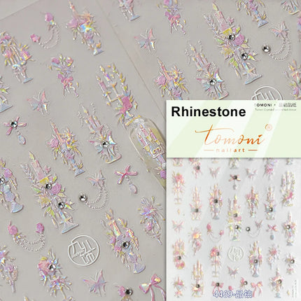 5D Kawaii Lily Nail Art Stickers 1pcs Japanese Pink White Flower With Diamond Self Adhesive Nail Decorations Slider Decals DIY