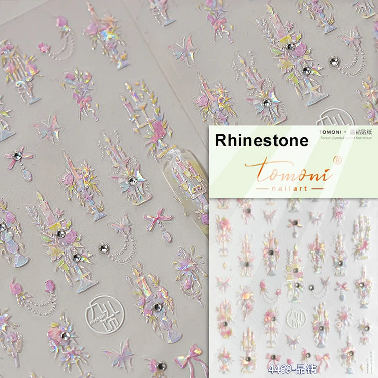 5D Kawaii Lily Nail Art Stickers 1pcs Japanese Pink White Flower With Diamond Self Adhesive Nail Decorations Slider Decals DIY