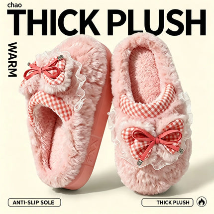 Kawaii Winter Warm Cotton Slippers Women Plaid Bowknot Lace Ruffle Plush Thick Platform Non-Slip Indoor Casual Shoes