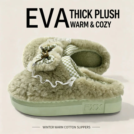 Kawaii Winter Warm Cotton Slippers Women Plaid Bowknot Lace Ruffle Plush Thick Platform Non-Slip Indoor Casual Shoes