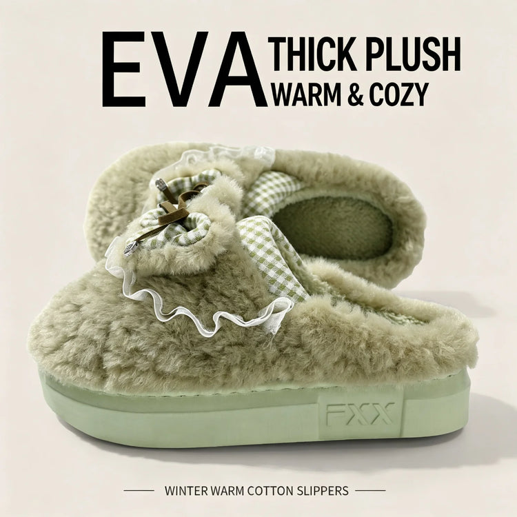 Kawaii Winter Warm Cotton Slippers Women Plaid Bowknot Lace Ruffle Plush Thick Platform Non-Slip Indoor Casual Shoes