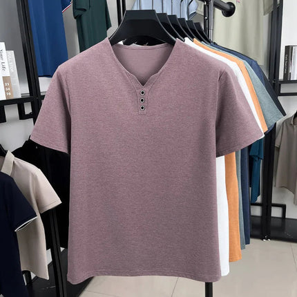 New Men's Casual and Fashionable Three Button V-neck Solid Color Short Sleeved T-shirt Summer Versatile Top PlatiNum