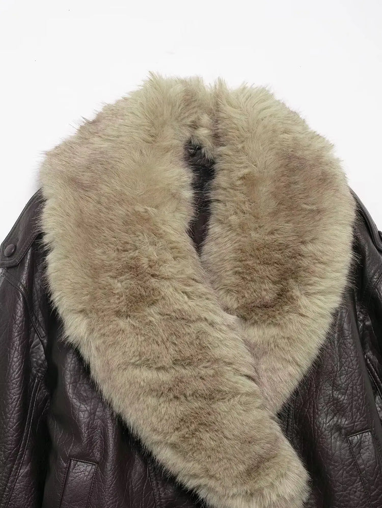 TFMLN 2025 Winter Women Loose Faux Leather Jacket Fashion Removed Big Fur Collar Causal Coat High Street Double Breasted Outwear