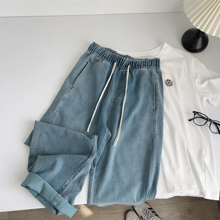 Jeans lavati curvi di seta pantaloni estivi in Denim a gamba larga larghi a vita alta da donna