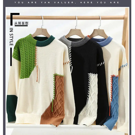 Autumn Winter Warm Mens Knitted Sweaters Fashion Patchwork O Neck Knit Pullovers Korean Streetwear Pullover Casual Mens Clothing