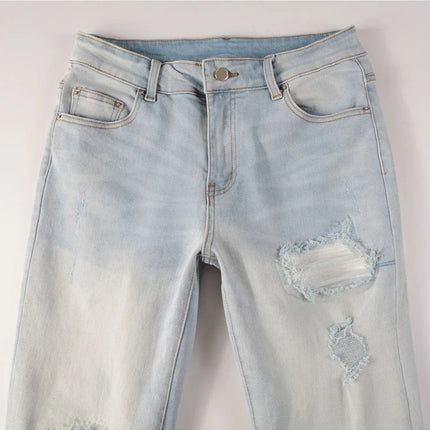 Men Pale Light Blue Biker Jeans Cracked Pleated Patch Patchwork Stretch Denim Pants Streetwear Holes Ripped Skinny Trousers PlatiNum