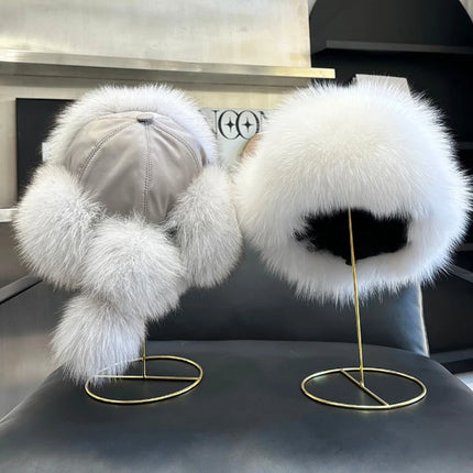 2026 100% Real Fox Fur Hats Women's Russian Ushanka Aviator Trapper Snow Skiing Hat Caps Earflap Winter Raccoon Fur Outerwear Ha