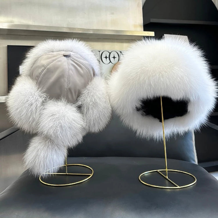 2026 100% Real Fox Fur Hats Women's Russian Ushanka Aviator Trapper Snow Skiing Hat Caps Earflap Winter Raccoon Fur Outerwear Ha