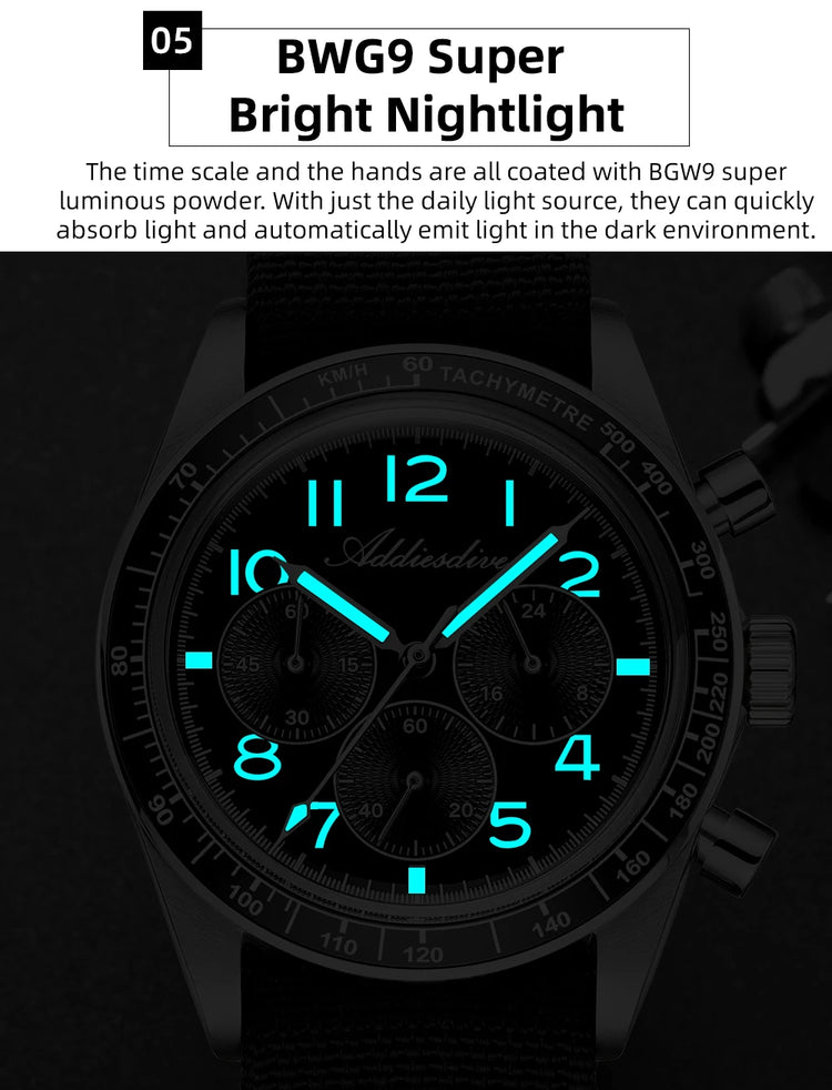ADDIESDIVE Men's Chronograph Quartz Watch 37mm Bubble Glass 100m Waterproof Watches Ceramic Bezel BGW9 Luminous Sport Wristwatch