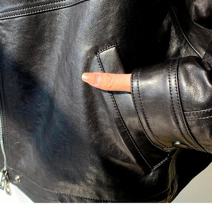 Waxed Sheepskin Genuine Leather Moto Biker Jacket Women Cropped Stand Collar Zip Up Snap Button Loose Casual Autumn Outwear 2026