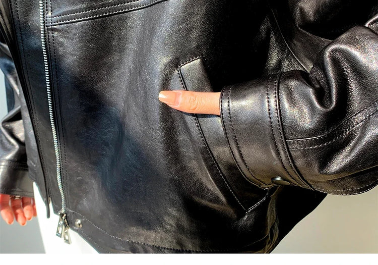Waxed Sheepskin Genuine Leather Moto Biker Jacket Women Cropped Stand Collar Zip Up Snap Button Loose Casual Autumn Outwear 2026