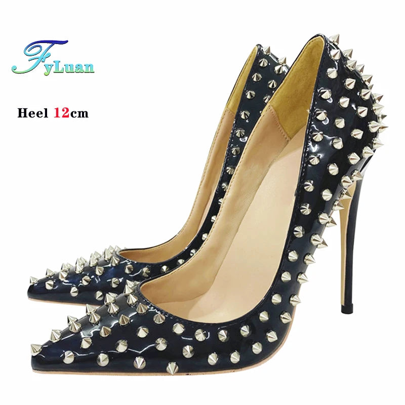 Super Thin Heel 8 10 12CM Sexy All Spikes Rivets Women Pumps Pointed Toe Super High Heels Party Nightclub Fashion Shoes Size 46