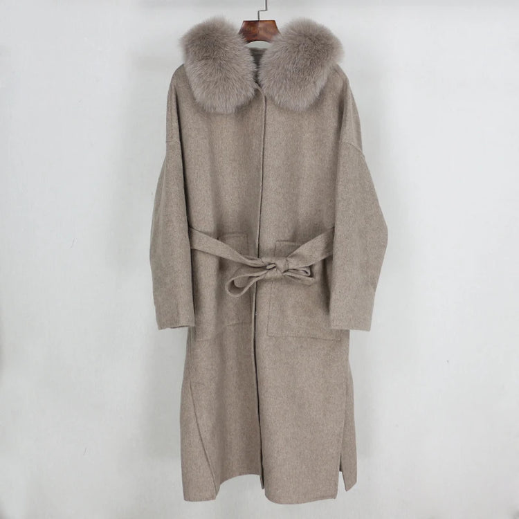 OFTBUY Omen Double Face Wool Coat Natural Fur Coat Wool Blend Jacket Winter Warm Elegant Long Sleeve Fur Cuffs Fashion Outerwear