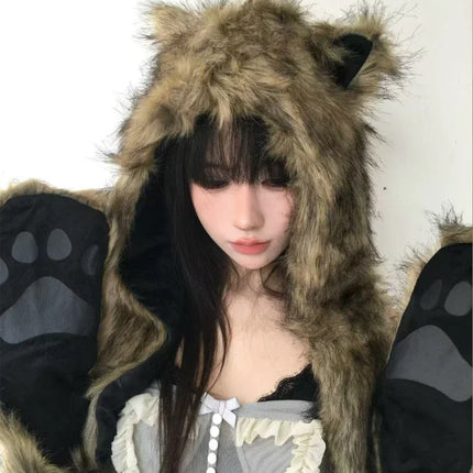 Japanese Kawaii Cute Fur Scarf Hat Winter Keep Warm Y2k Aesthetic Fashion Vintage Cap Bears Ears Women Hats Grunge Streetwear