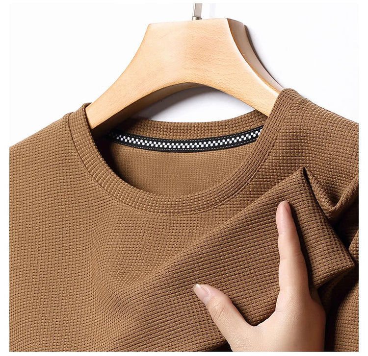 New Summer Waffle Round Neck Short Sleeved T-shirt for Men's Short Sleeved Top PlatiNum