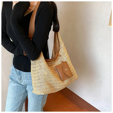 Hand-Woven Large Capacity Tote Bag for Women, Fashionable Commuter Bag, INS Style, Beach Bag for Daily Travel