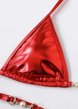 Micro Bikini Rosa Lucido da Donna, Sexy con Perle in PU, Push-Up, Perizoma, Costume da Bagno Estivo, con Lacci, per Vacanze PlatiNum