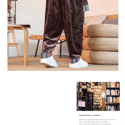 Pantaloni da uomo Kung Fu Tai Chi Pantaloni casual tradizionali da uomo stile cinese retrò allentato fiore scuro drago stampa pantaloni a gamba larga da uomo