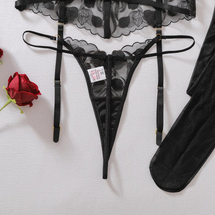Premium Women's Lingerie Sets Sexy Floral Embroidered Bra Belt Thong Stockings Tempted RingsRomantic Women's Seductive Intimates