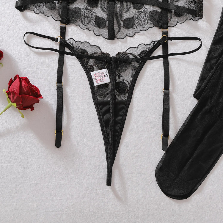 Premium Women's Lingerie Sets Sexy Floral Embroidered Bra Belt Thong Stockings Tempted RingsRomantic Women's Seductive Intimates