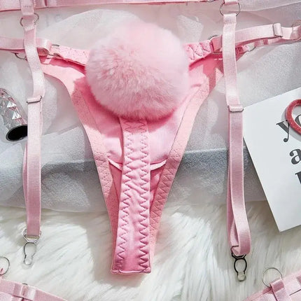 Bunny Girl Lingerie Set Pink Open Cup Hollow Out See Through Mesh Bra Panty Headband Straps Role Play Costume Party Halloween