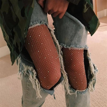 2024 estate a rete diamante collant per le donne moda sexy collant a rete lucida femminile sottile strass maglia calze di nylon collant