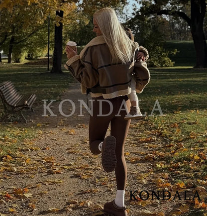 KONDALA Fall Winter Fleece Stand-up Jacket Women's Casual Thickened Warm Zipper Coat 2025 Fashion Retro Motorcycle Style Jacket