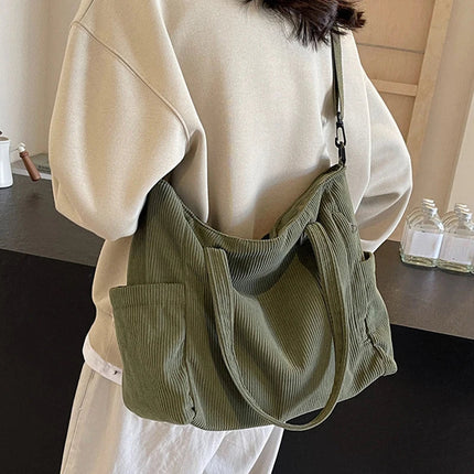 Women Corduroy Tote Bag Casual Multi Pocket Handbag Adjustable Strap Crossbody Sling Bag Zipper Shoulder Bag Fall Winter Bag PlatiNum
